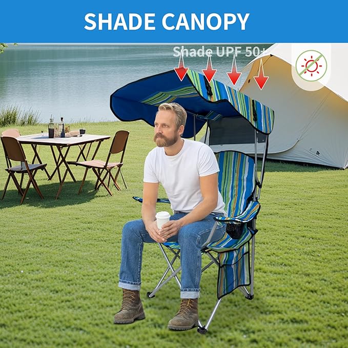 Portable Camping Chair with Adjustable Canopy Shade- Folding Camping Lounge Chair with Cup Holder & Side Pocket for Outdoor Camping, Fishing, Beach - Support 330 LBS (Streak)