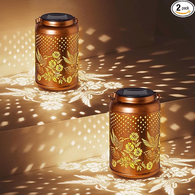 2 Pack Hummingbird Solar Lanterns Outdoor Waterproof Hanging Solar Lights, Garden Decor Gifts for Women Mom Grandma Metal Garden Decorative Lights for Yard, Backyard, Patio, Porch