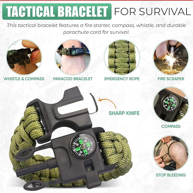 Survival Kit - All-in-One Survival Gear and Supplies for Camping, Hiking, Hunting, and Car Emergencies - Essential Tools, Great Gift for Men, Fathers, Boyfriends, Boys, Dads and Scouts