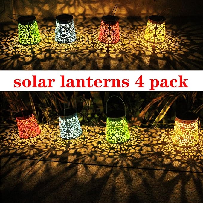 4pack Solar Lanterns Outdoor Waterproof Hanging Lights Gifts for Women Metal Small Decorative LED Lanterns for Yard, Patio, Lawn, Tabletop, Pathway, Landscape, Garden Decor
