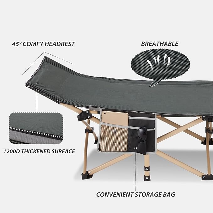 Folding Camping Cot for Sleeping, Portable Cots for Adults, Heavy Duty Cot Bed 550LBS(Max Load), Extra Wider Cots with Large Pocket for Outdoor, Office, Beach