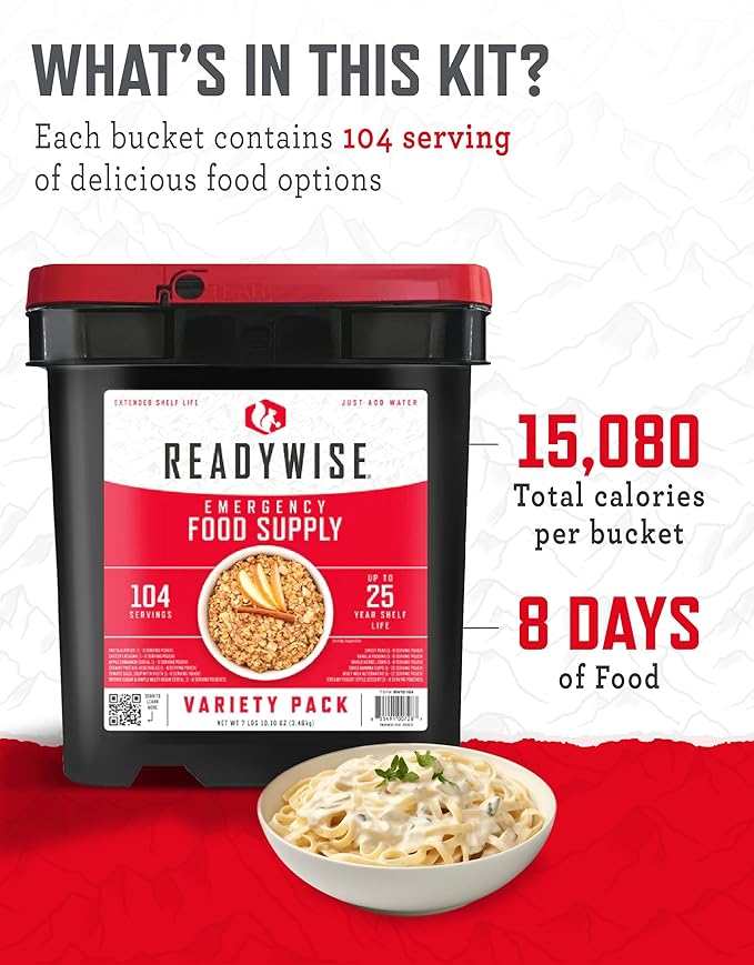 ReadyWise Emergency Food Supply - 104 Servings Variety Pack Bucket, Protein Meals, Dehydrated & Freeze Dried Food for Backpacking, Camping Essentials & Prepping Supplies, up to 25 Year Shelf Life