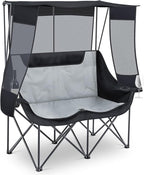 Double Camping Chair with Canopy Shade Oversized 2 Person Camping Sofa Fully Padded Folding Loveseat with Cup Hold and Storage Bag Sturdy for Lawn Beach Fall Outdoor Activities(Black)