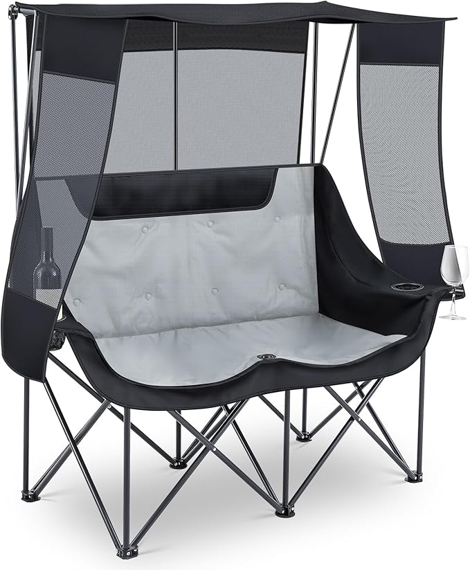 Double Camping Chair with Canopy Shade Oversized 2 Person Camping Sofa Fully Padded Folding Loveseat with Cup Hold and Storage Bag Sturdy for Lawn Beach Fall Outdoor Activities(Black)