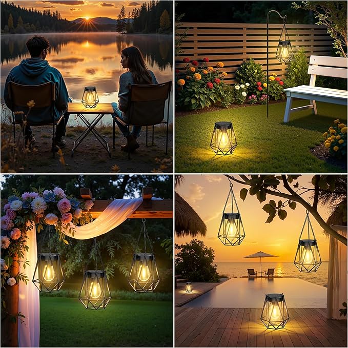 KOOPER 4 Pack Hanging Solar Lanterns Outdoor Waterproof, Metal Solar Powered Lantern Lights, Bright Diamond Shape Lantern with Hook, Outdoor Decorative Lanterns for Patio Porch Garden Yard Decor Gift
