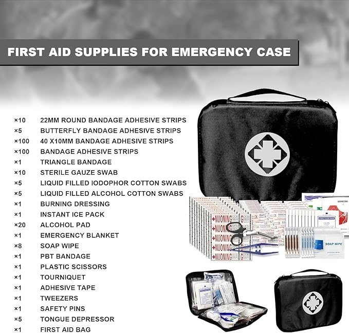 300Piece Travel First Aid Emergency Kit Home Essentials Hiking Survival Essential Kit for Outdoor Adventure Camping Backpack, Black 1st Aid