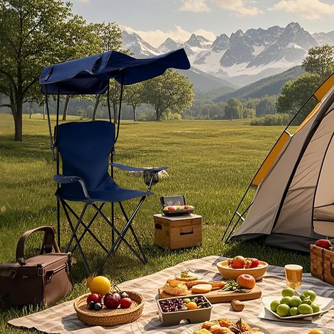 Folding Camping Chair with Canopy, Portable Outdoor Beach Chair for Fishing, BBQ, Picnic, Backyard, Lightweight Sun Shade Chair with Cup Holder, Navy Blue