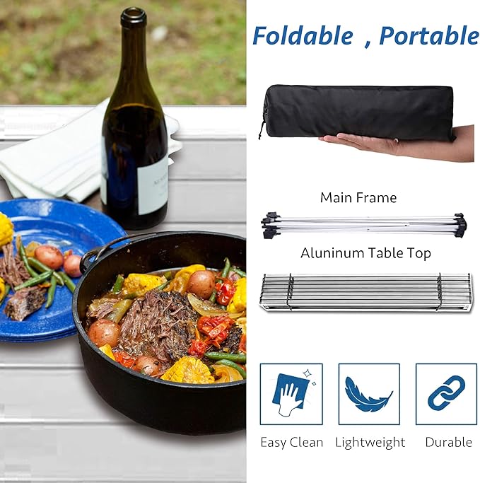 Grope Small Folding Camping Table with Aluminum Table Top, Beach Table for Sand with Carrying Bag,Prefect for Outdoor, Picnic, BBQ, Cooking, Festival (Silver-S)