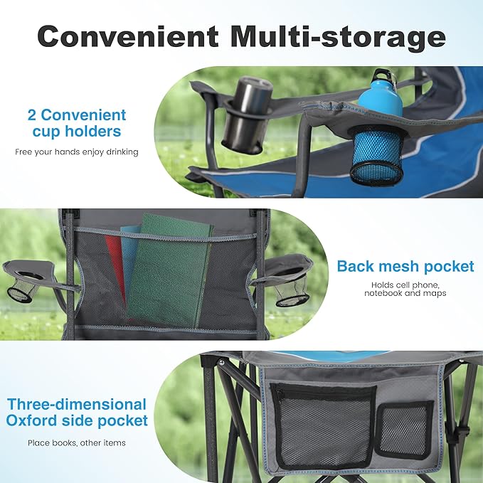 LET'S CAMP Oversized Outdoor Folding Camping Chair, Heavy Duty Arm Chair with Cup Holder and Storage Bag, 350 LBS Weight Capacity, Blue