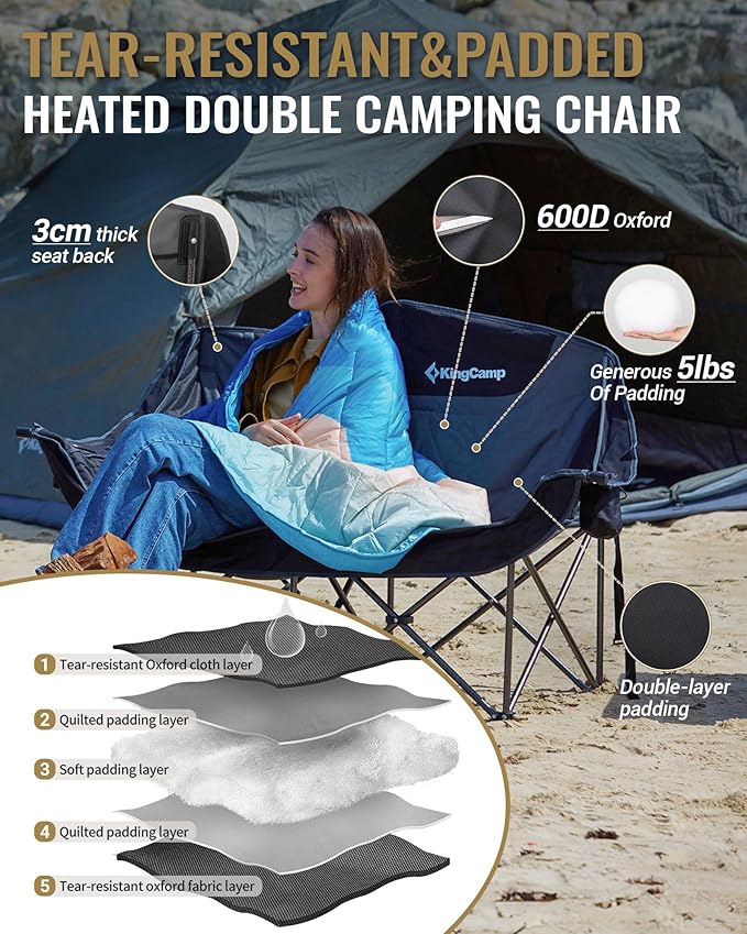 KingCamp Double Camping Chair, Oversized Heavy Duty Loveseat for Adults Portable Folding XL 2 Person Couch Padded Comfortable Two Seat with Cup Holder for Outdoor Lawn Backyard