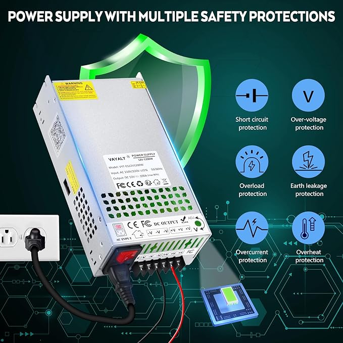 VAYALT DC 12V 100A 1200W Switching Power Supply, 110V/220 V Power Supply AC to DC Converter, Universal Regulated Switching,12V Power Supply for CCTV Camera System,3D Printer,Led Strip,Computer Project