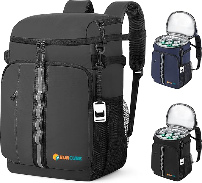 SUN CUBE Cooler Backpack 33 Can, Leakproof Insulated Backpack Cooler for Men Women, Camping Cooler Backpack for Beach Travel Hiking, Waterproof Lunch Backpack, Grey