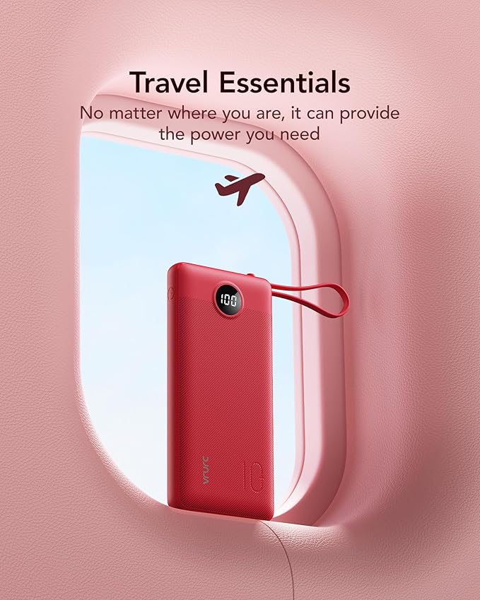 VRURC Portable Charger, 10000mAh Power Bank Built in Cables for iPhone, Slim Compact Travel Essentail, 5 Outputs 2 Inputs USB C Battery Pack for iPhone 16 15 14 13, Samsung, Android etc-Red