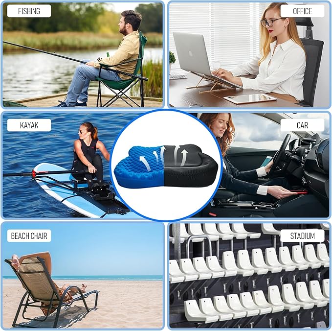 NEW-Vi Anti-Slip Kayak Seat Cushion - Double Thicken Gel Boat Cushion, Waterproof Kayak Gel Seat Cushion, Coccyx Sciatica Pain Relief, Kayak Accessories for Fishing, Kayak Fishing Accessories