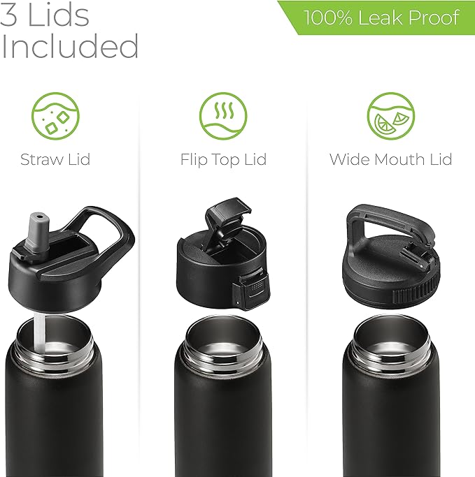 SipX™ Triple-Insulated Stainless Steel Water Bottle 25oz. With 3 Lids, BPA-Free Reusable Insulated Water Bottle Keeps Cold 24 Hours, Metal Water Bottle Made Of Sustainable Material For Hiking & Biking