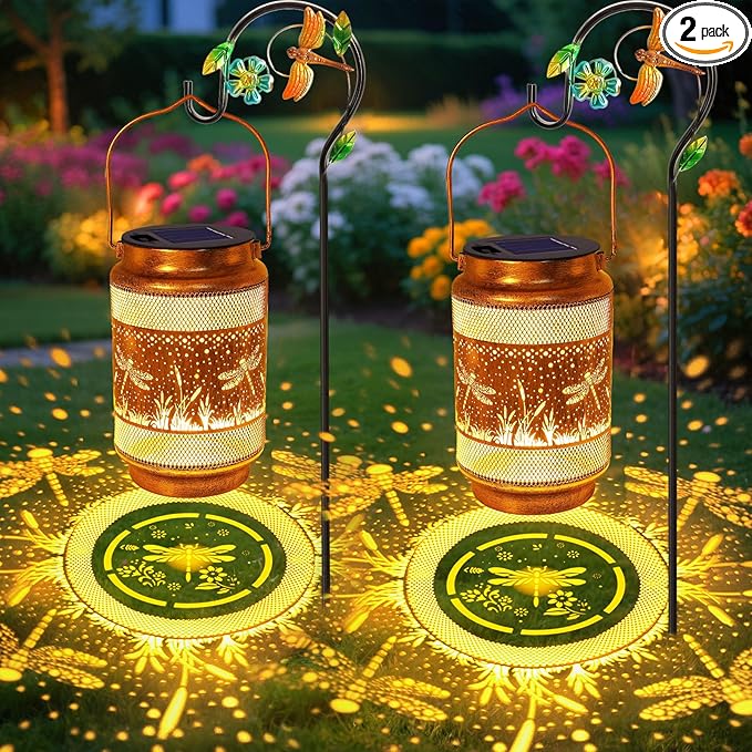 2 Pack Dragonfly Solar Lanterns Outdoor Waterproof Solar Garden Decor, Birthday Gifts for Women Mom Grandma, Metal Hanging Lights with Shepherd Hook for Outside Yard Patio Pathway Backyard Porch