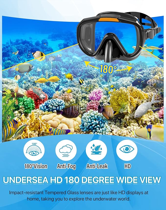 Snorkeling Gear for Adults Men Women,4 in 1 Snorkel Set with Panoramic View Diving Mask Anti-Fog Anti-Leak,Dry Top Snorkel,Fins and Travel Bag for Swimming,Snorkeling and Travel Diving