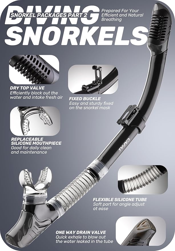 CAPAS Snorkel Mask Fins Set, Travel Size Snorkeling Gear for Adults with Adjustable Fins, Diving Mask and Dry Top Snorkel, Come with a Carrying Bag