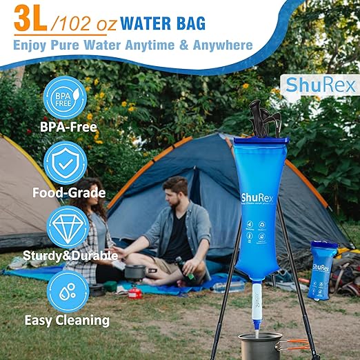 Gravity Fed Water Filtration System with Adjustable Tree Strap, Gravity Bag with Filter Straw, Water Purifier Survival for Travel, Backpacking, and Emergency Preparedness (3L)