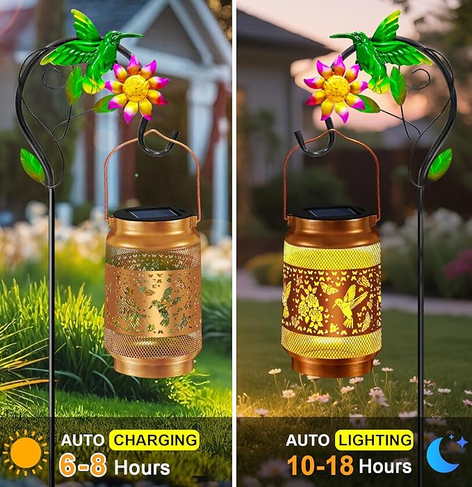Hummingbird Solar Lanterns Outdoor Waterproof, Hanging Solar Lights Garden Lanterns with Shepherd Hook, Metal Garden Decor for Yard, Patio, Lawn, Landscape, Gifts for Women Mom Mothers Day