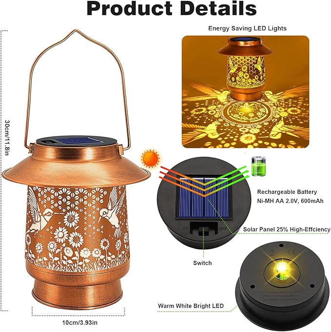 Hummingbird Solar Lanterns Outdoor Garden Decor, Sunflower Gifts for Women Mom Grandma Birthday Hanging Metal Solar Lights Waterproof Decoration for Garden Yard Lawn Patio