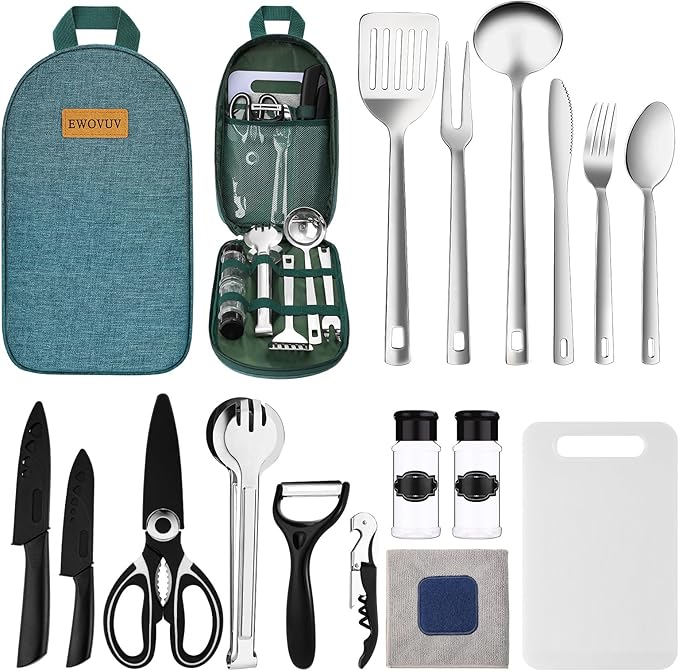 Camping Cooking Utensils Set- Camping Essentials Cookware Accessories Gear Must Haves Camper Tent Camp Kitchen Rv Gadgets Outdoor Stove Portable Picnic Gifts for Women BBQ Stuff