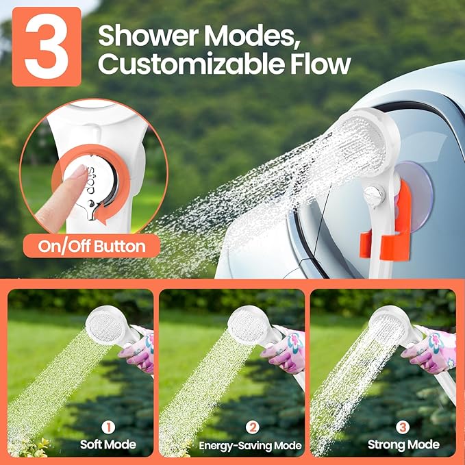 Portable Shower for Camping, 7800mAh Rechargeable Camping Shower with 3 Spray Modes, IPX7 Waterproof Portable Shower Pump for Outdoor, Hiking, Travel, Car, Pet-Long-Lasting Battery & Powerful Suction