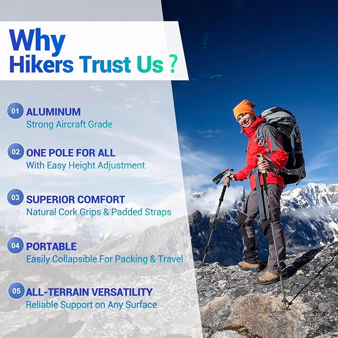 Lightweight Aircraft-Grade Aluminum Trekking Poles - 2 Sticks with Quick Lock System and Extended Down Grip Plus 12pc-Accessory Kit, Telescopic, Ultralight for Hiking, Camping, Walking, Trekking