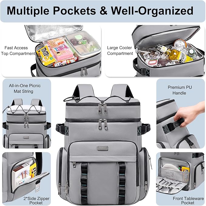 Weitars Insulated Cooler Backpack,Double Deck Waterproof Soft Cooler Bag,Backpack Coolers Leak Proof Lunch Backpack for Men Women for Travel,Camping,Picnic,Beach,Picnic,Outdoor 31L/52 Can