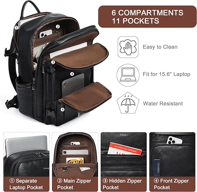 Travel Backpack for Women, Fits 17.0" Notebook, Stylish Lay-Flat Carry-on Vegan Leather Backpack with Luggage Strap for Travel and Daily Use
