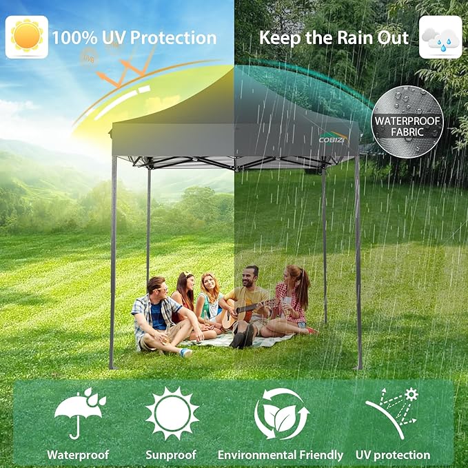 COBIZI 6.6x6.6 Pop Up Canopy Without Sidewall,Heavy Duty Canopy UPF 50+ All Season Wind Waterproof Commercial Outdoor Party Tents for Parties Canopy Gazebo with Storage Bag(6.6 x 6.6 ft Gray)