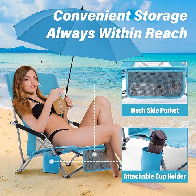 Homcosan Portable Low Folding Beach Chairs Set of 2 with Detachable Umbrellas - Lightweight Camping Chairs for Adults with Cup Holder & Storage Pockets, Carry Bag Included (Blue)