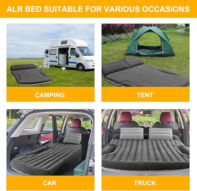 KMZ SUV Air Mattress Thickened and Double-Sided Flocking Travel Camping Bed with 2 Pillows & Electric Pump Dedicated Mobile Cushion Inflatable Bed for SUV Trunk and Rear Seat (Dark Gray)
