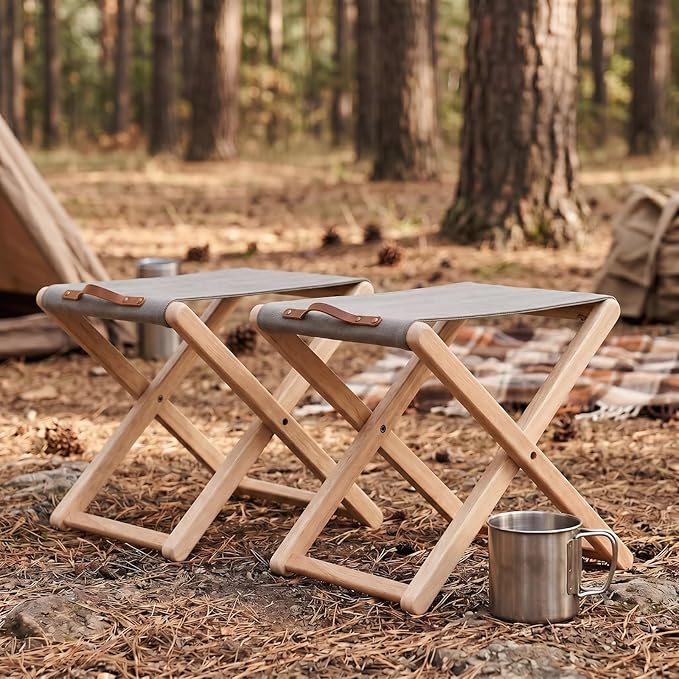 Folding Canvas Camp Stools Set of 6, Wood Folding Camping Stool Patio Portable Foot Stool for Garden Outdoor Fishing Picnic Travel BBQ, Grey