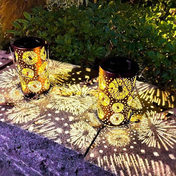2 Pack Fireworks Birthday Gifts for Women Mom Grandma Solar Lanterns Outdoor Waterproof Garden Decor Metal Hanging LED Decorative Light for Patio Yard Lawn Backyard Front Porch Gardening Gifts