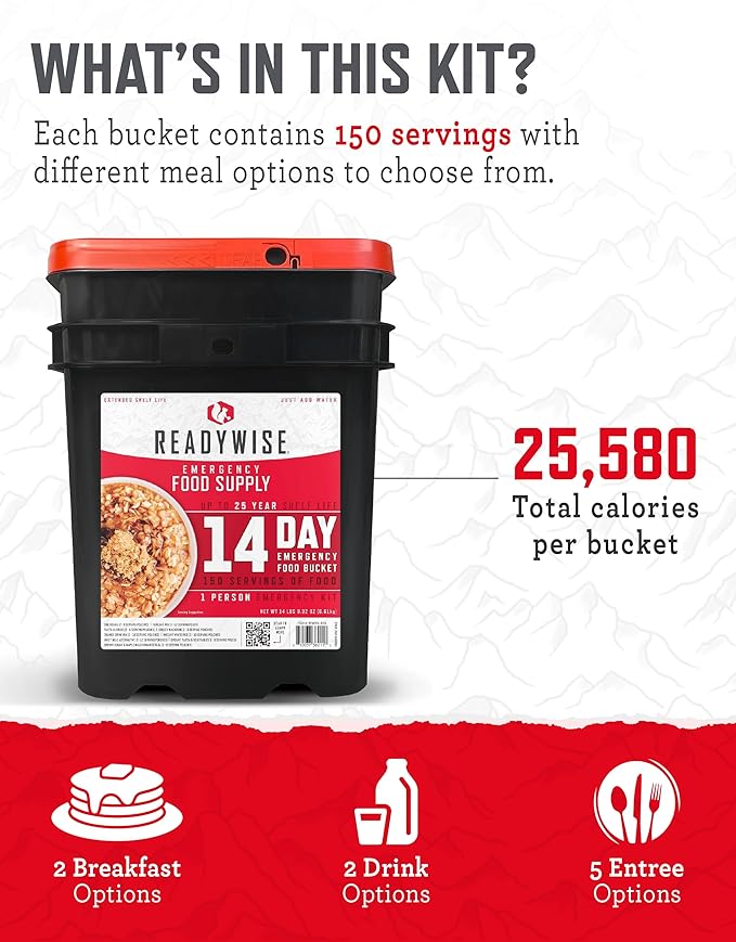 ReadyWise Emergency Food Supply - 14 Day, 150 Servings Emergency Freeze Dried Food Bucket, Protein Meals, Camping Essentials, Survival Kit, Disaster Prepping Supplies, up to 25 Year Shelf Life