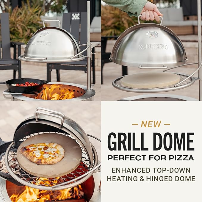 Breeo Grill Dome Hinged Stainless Steel Dome w/Built-in Thermometer, Griddle Accessories Kit, Outdoor Set for Live-Fire Cooking Fits X/24, X/30 Series - Outpost Grill Required