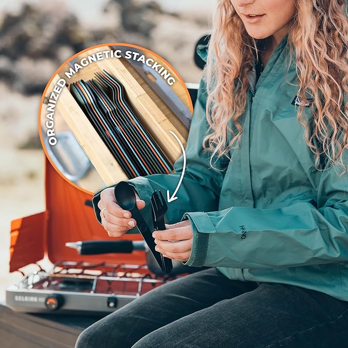 FULL WINDSOR - MAGWARE Magnetic Camping Cutlery Set - Travel Utensils for Camping, Cooking, and Outdoor Dining - Knife, Fork & Spoon - Portable Silverware with Pouch for Backpacking - Black (3 PCS)