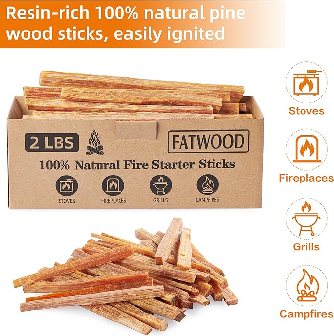 2 lbs Fatwood Fire Starter Sticks, 100% Natural Kindling Firewood Firestarter for Stoves, Pine Wood for Fireplaces, Campfires, Bonfires, Grill