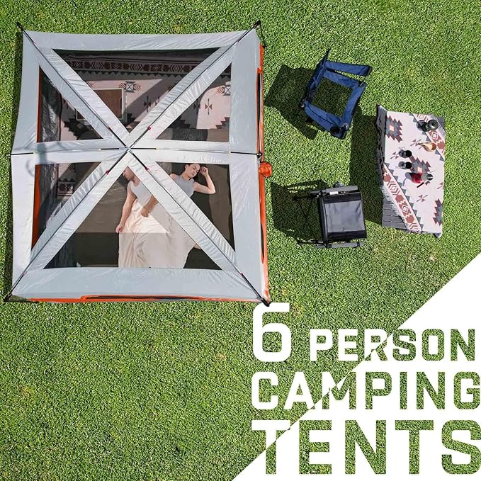 Happy Travel Tent 6 Person Tents for Camping, Waterproof Easy Setup Camping Tent with Rainfly, Portable Large Family Cabin Tent with 5 Large Mesh Windows and Carry Bag for Outdoor Camping & Hiking