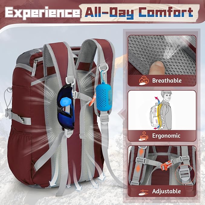 RAINSMORE Foldable Hiking Backpack for Women Men Packable Camping Backpack 40L Waterproof Hiking Daypack Bag Lightweight Collapsible Daypack for Travel Trekking Mountaineering Large Capacity Red