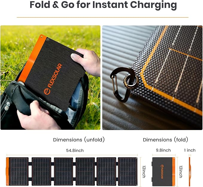 FlexSolar 60W Foldable Solar Panel, Portable Solar Charger with USB-C/USB-A QC3.0/DC 20-28V Port, IP67 Waterproof Solar Panel for RV Camping Backpacking Compatible with Phone Small Power Station