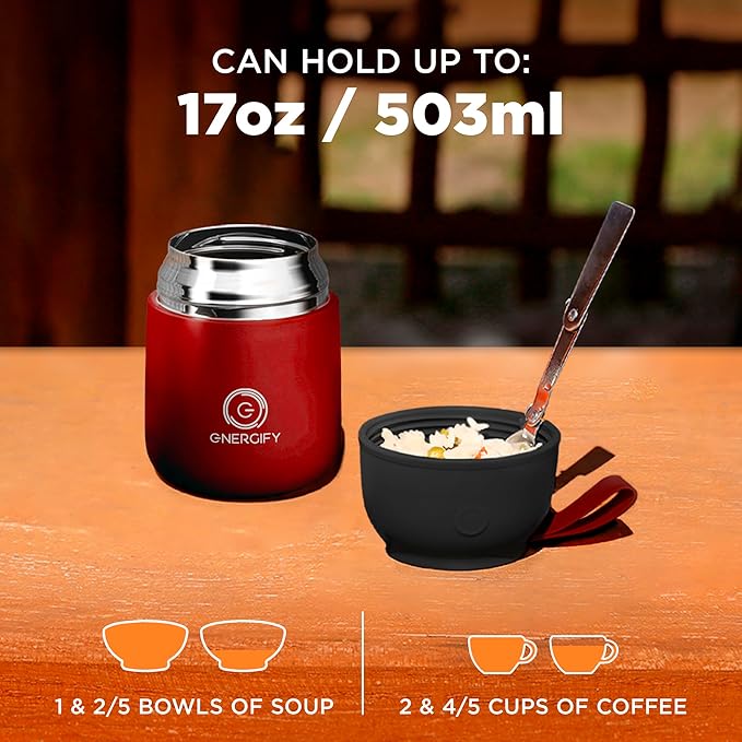 ENERGIFY Vacuum Insulated Food Jar. Large 17oz Bowl incl. Folding Spoon, Cup. Wide Mouth Keep Hot & Cold Drinks Soup Lunch Container for Adults. BPA-Free Stainless Steel, Leak Prooff Radiant red