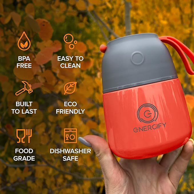 ENERGIFY Vacuum Insulated Food Jar. Large 12oz Bowl incl. Folding Spoon, Cup. Wide Mouth Keep Hot & Cold Drinks Soup Lunch Container for Adults. BPA-Free Stainless Steel, Leak Proof Fusion Coral