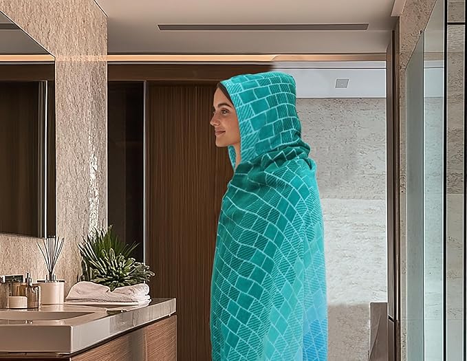 COTTON CRAFT Hooded Beach Towel – Oversized 39 x 68 Towel with Hood for Adults - 100% Cotton Velour Terry Jacquard Towel - Pool Bath Wrap - 450 GSM Soft Absorbent Quick Dry – Blue Tiles