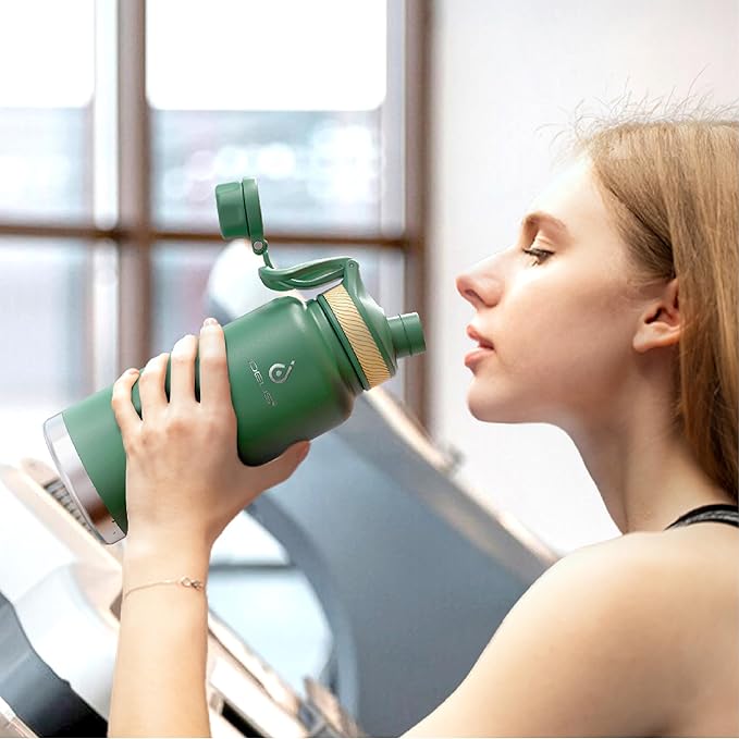 IDEUS Insulated Stainless Steel Water Bottle with 2 Leak-Proof Lids, Thermal Water Flask for Hiking Biking, 32oz, Green