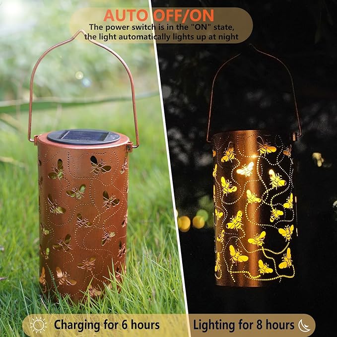 Solar Honeybee Lanterns Outdoor Hanging Decor Lantern,Waterproof Hollow Out Retro Metal Decorative Garden Light,Graceful Decoration for Patio,Yard,Landscape,Walkway,Festival