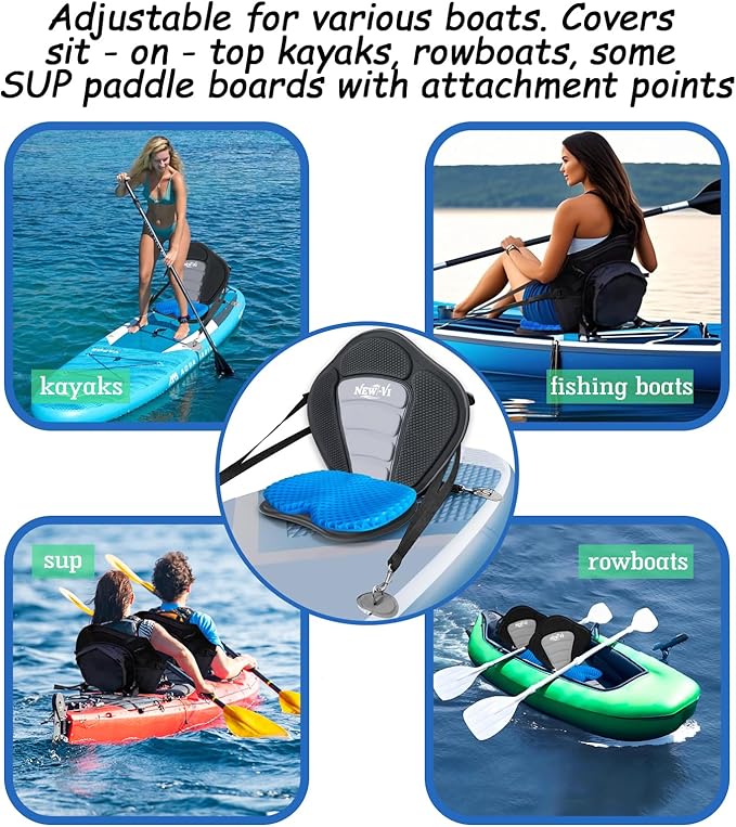 NEW-Vi Deluxe Kayak Seat with Gel Cushion & Storage Bag - Padded Ergonomic Backrest for Kayak, Canoe, SUP, Fishing Boat - Anti-Slip & Waterproof