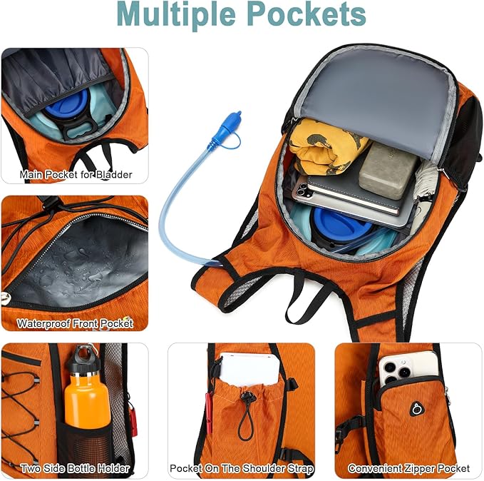 BOVIP Lightweight Hydration Back,15L Multipurpose Hiking Backpack with 1.5L Water Bladder ,Hydro Water Daypack for Cycling Hiking Rave for Men Women