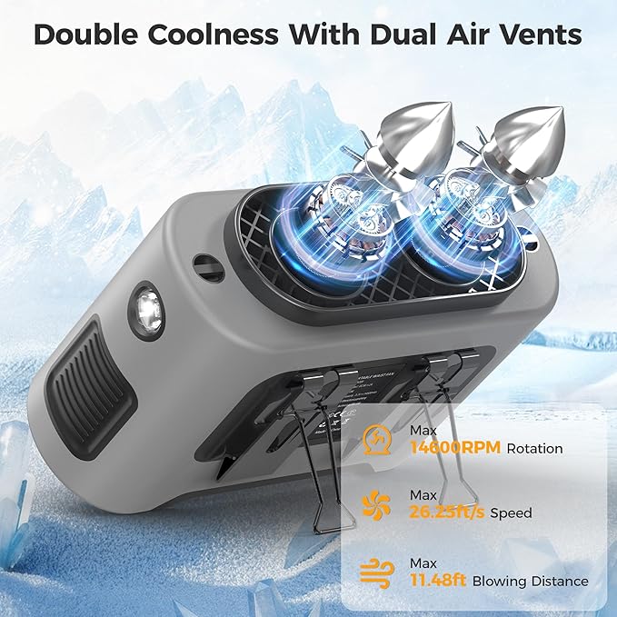 14500mAh Portable Waist Fan Clip On Belt- Rechargeable Battery Operated,Max 40H Cooling,5 Speed 14600RPM,Dual Air Vent, Hands-free Shirt Neck Fan With Light for Outdoor Jobsite Camping Traveling